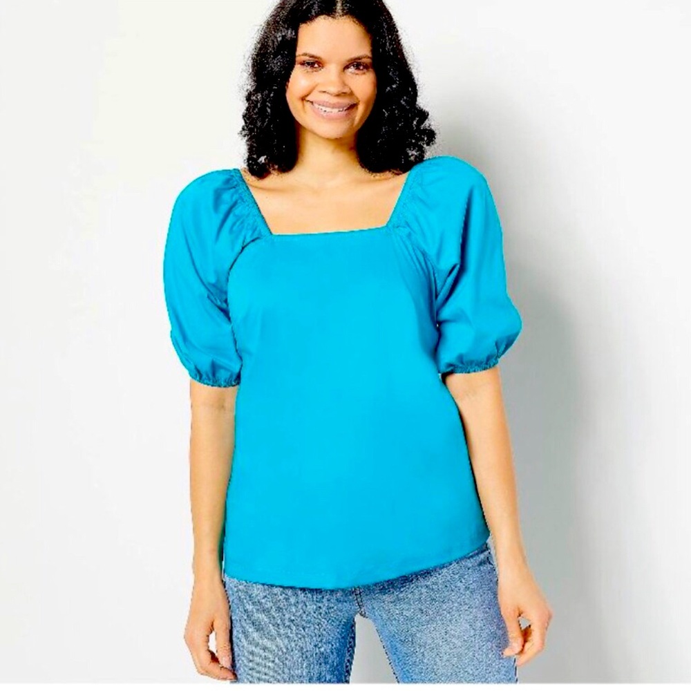 Candace Cameron Bure Square-Neck Puff Sleeve Top (Deep Lagoon)